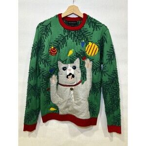 Blizzard Bay Long Sleeve Crazy Gray Cat ugly Christmas Sweater Small Jingle Bell